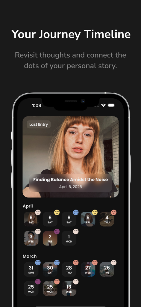 Verbo: Video Journal & Diary - 기분 추적 아이콘이 있는 비디오 일기 항목의 여정 타임라인을 보여주는 Verbo 앱 인터페이스