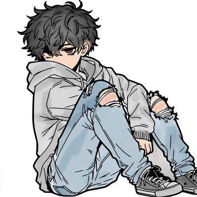 a male hoddie ripped jeans messy hair anime