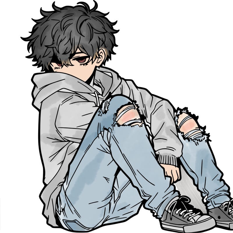 a male hoddie ripped jeans messy hair anime