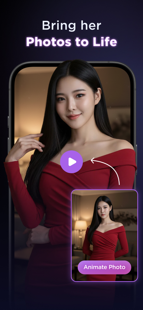 Lovevo: AI Roleplay Platform - Una pantalla de smartphone que muestra a un personaje femenino de IA con un vestido rojo y un botón para animar la foto.