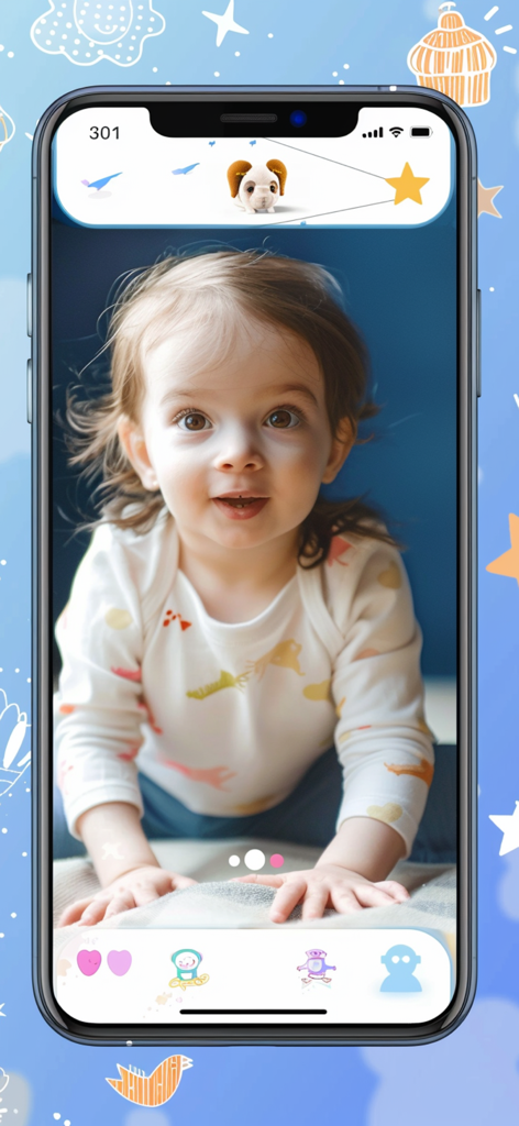 Pantalla de smartphone mostrando una cara de bebé generada por IA en la aplicación Generador de Bebés