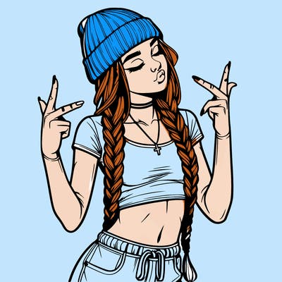 realistic teenage girl with braids and a beanie and crop top doing 🫶🏼