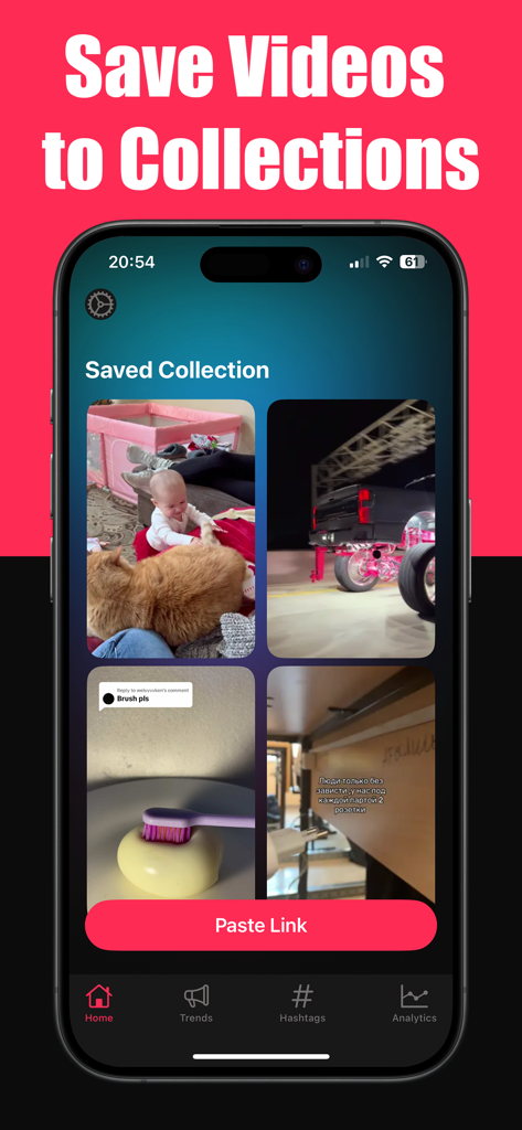 TikSaver: Tik Video Saver - TikSaver App-Oberfläche auf einem iPhone, die ein Raster von gespeicherten Videos in einer Sammlung mit einer Schaltfläche zum Einfügen von Links anzeigt