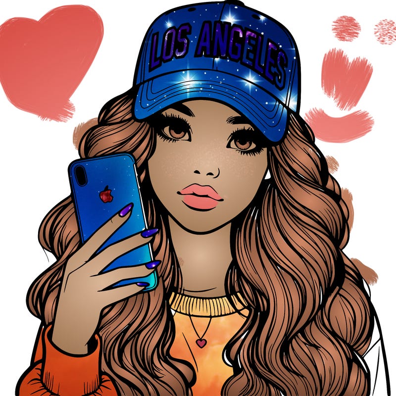 realistic beautiful girl wearing los ángeles cap holding an iphone