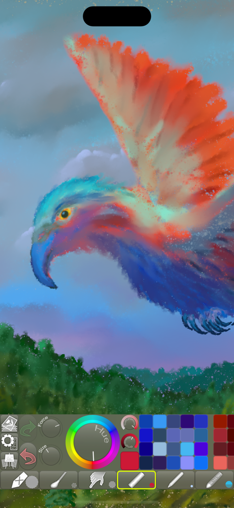 iPastels - Dipinto colorato di un uccello creato con gli strumenti di arte digitale iPastels e la tavolozza dei colori.