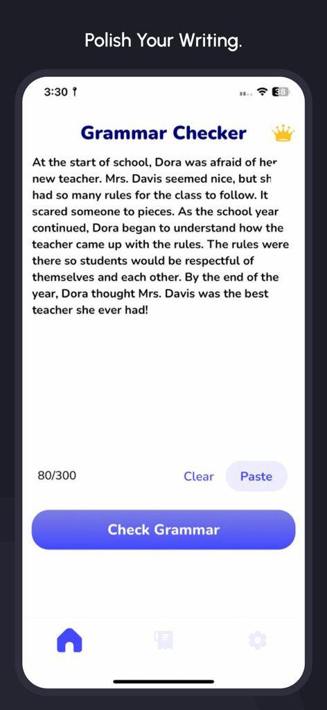 A mobile app interface showing a grammar checker with a text editor and a check grammar button.