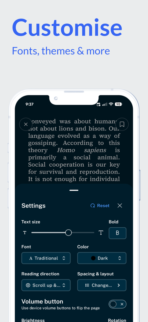 eBooks.com - App eBooks.com che mostra le impostazioni di personalizzazione di font e temi in modalità oscura