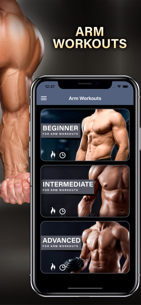 ArmWorkout Celebrity Challenge - Smartphone screen showing beginner intermediate and advanced arm workout levels
