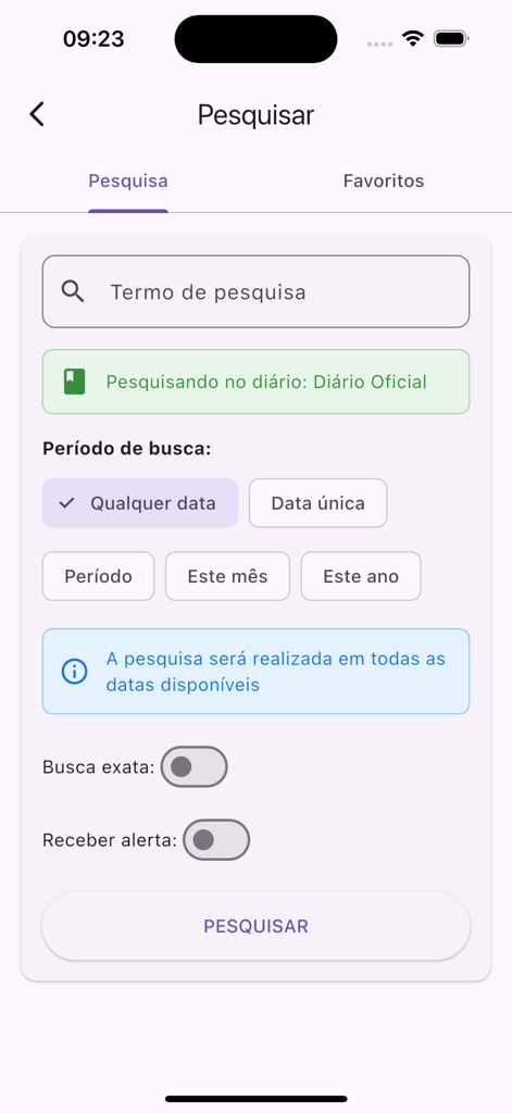 IOMAT - Search screen of the IOMAT app showing filters for search terms and date ranges for official gazette publications