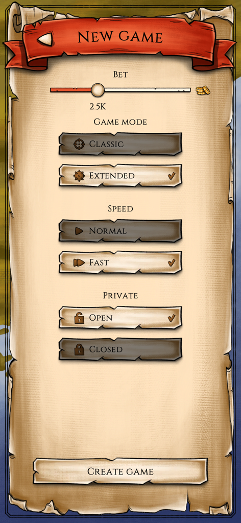 Sea Battle Online Game menu for setting up a new match in pirate style