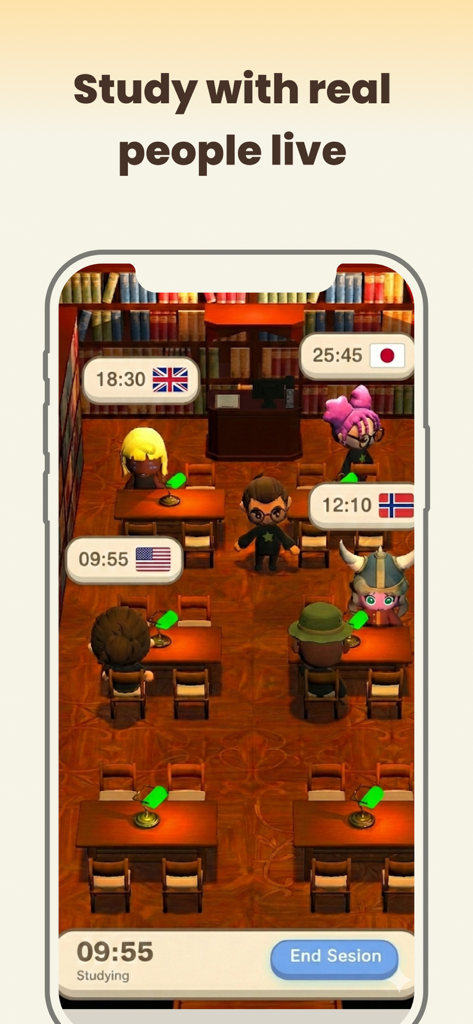Focus Town: Study With Friends - Uma biblioteca virtual no Focus Town onde usuários globais estudam juntos com avatares personalizados e temporizadores de foco ao vivo.