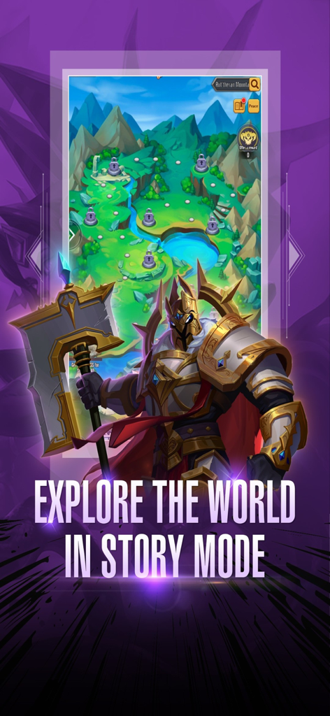 Siberium - A heroic knight in golden armor holding a large axe in front of a fantasy world map in Siberium story mode.