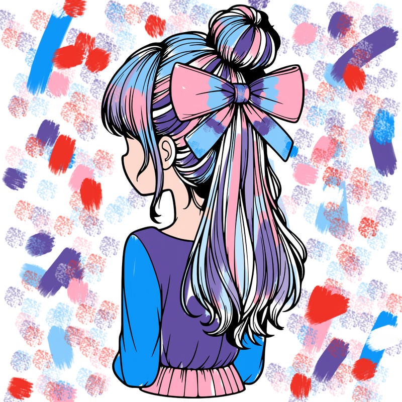 realistic girl  with hip length hair a bun and a big bow on the back of head