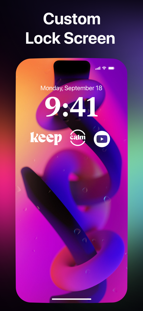 개인화된 룩을 위해 생동감 넘치는 추상적 3D 배경화면과 맞춤형 위젯이 포함된 맞춤형 iPhone 잠금 화면.
