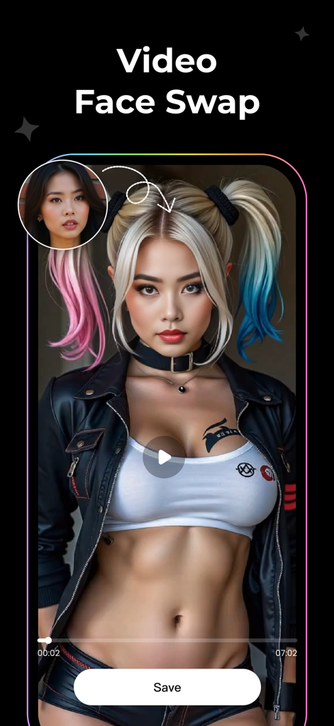 AI Face Swap Video & Photo - AI Face Swap app screenshot showing a woman's face realistically swapped onto a Harley Quinn style video character.
