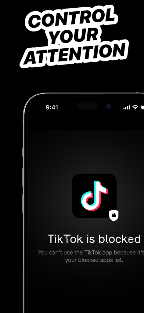 Pantalla de visualización de un smartphone que muestra la aplicación de control de tiempo de pantalla Lifeback bloqueando TikTok para mejorar el enfoque.