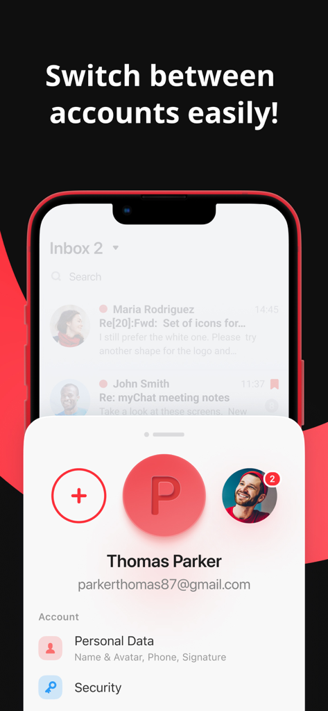 Interface of myMail app showing easy account switching for multiple email identities