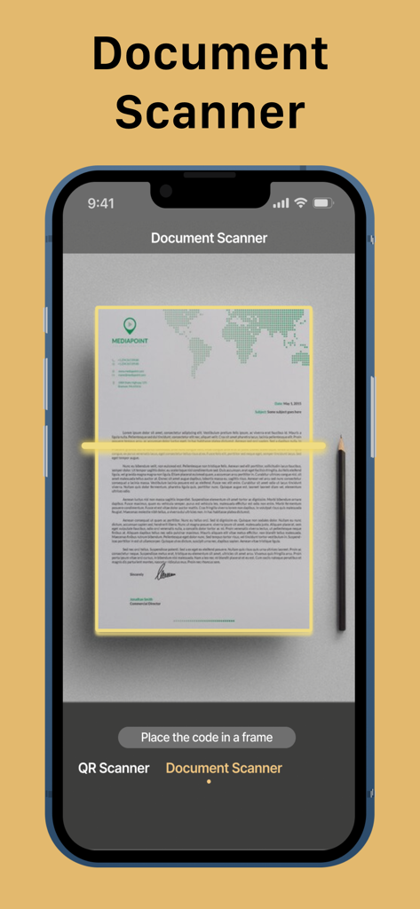 QR Bot mobile app interface showing the document scanner feature scanning a paper document