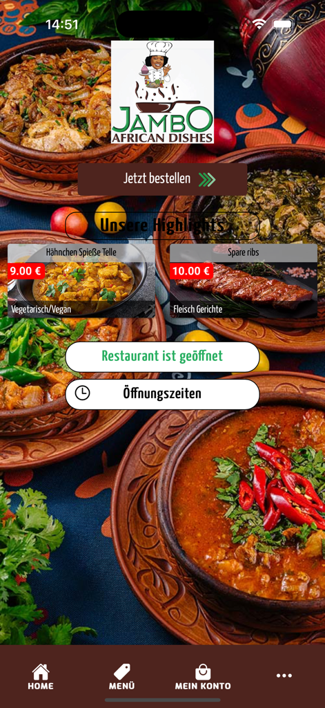 Jambo African Dishes - Jambo African Dishes mobile app home screen showing food highlights and order now button