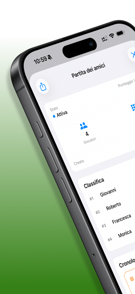 Burraco Manager - Burraco Manager app showing an active card game with a list of four players and their rankings.
