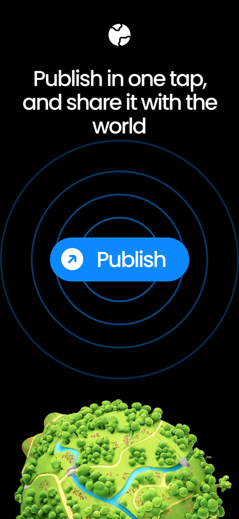 Pocket Site - A large blue Publish button with the headline Publish in one tap and share it with the world