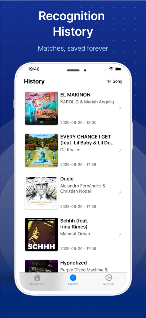 Song Finder Music Recognition - Recognition history screen showing a list of identified songs with album art and artist names.