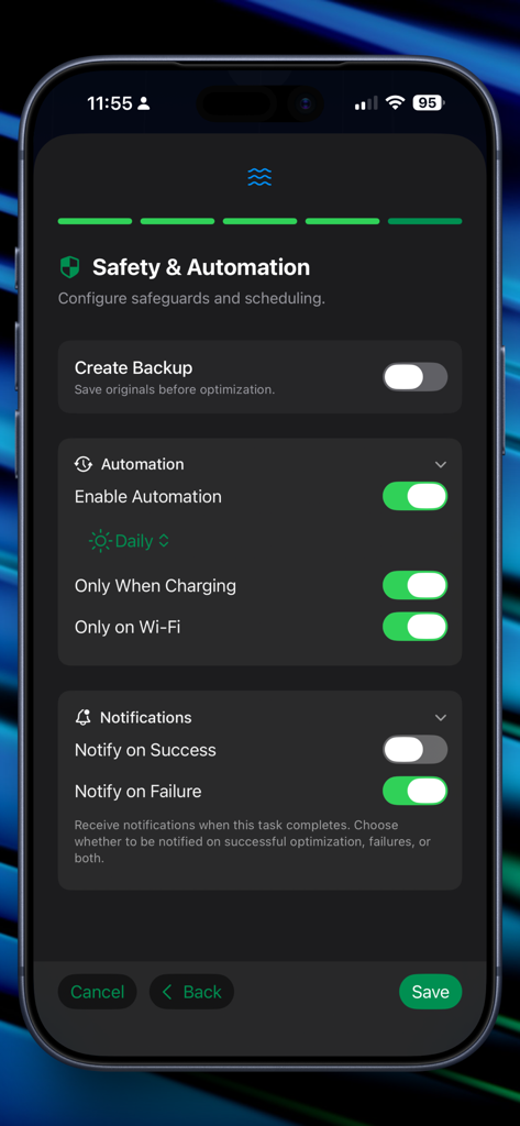 Sami - Media Optimizer - The Safety and Automation settings screen of the Sami Media Optimizer app showing options for backups, daily scheduling, and condition-based execution.