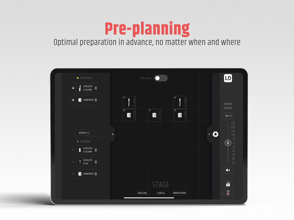 MAILA - Interfaz de la aplicación MAILA en iPad para la planificación previa de escenarios de audio profesional