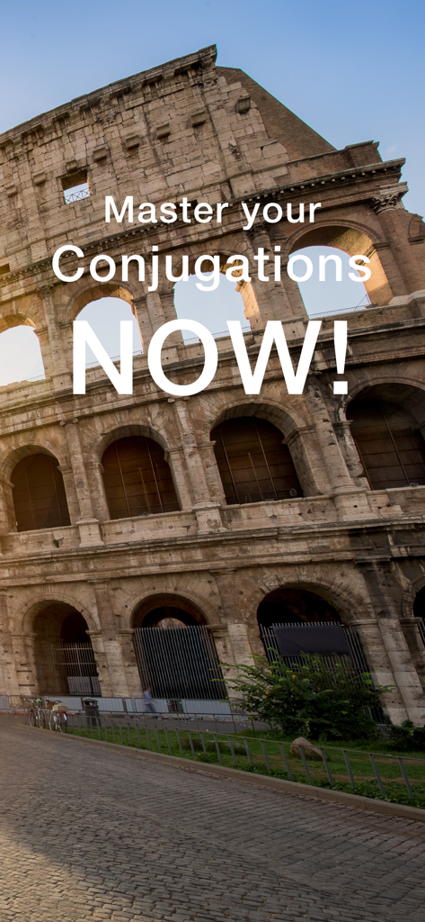 Conjuu - Italian Conjugation - The Roman Colosseum with text overlay saying Master your Conjugations NOW