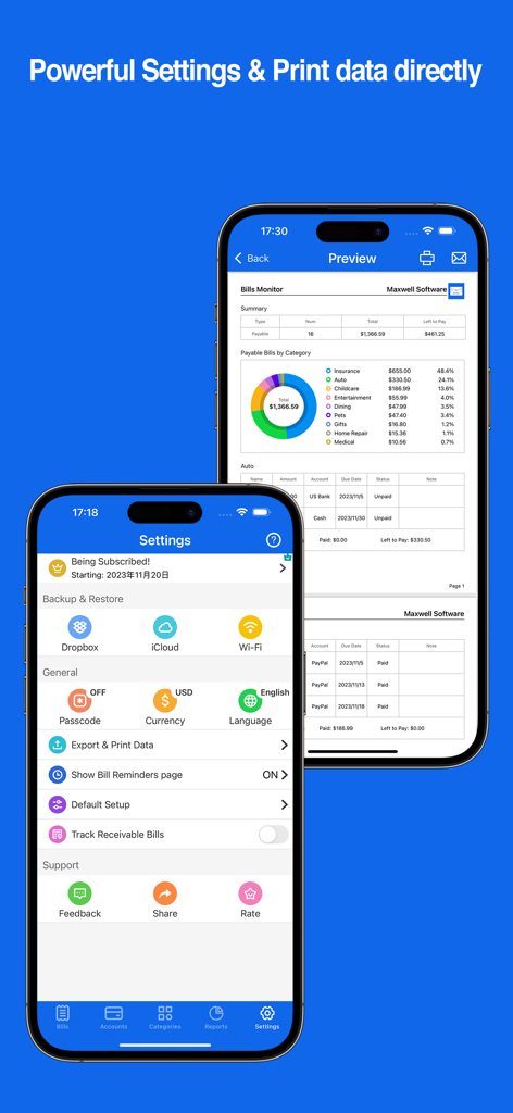 Bills Monitor - Bill Reminder - Settings screen and printable bill summary report with spending chart in Bills Monitor app.