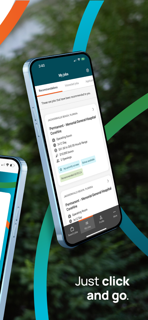 A mobile interface of the Aya Healthcare app showing healthcare job recommendations with pay and bonus details.