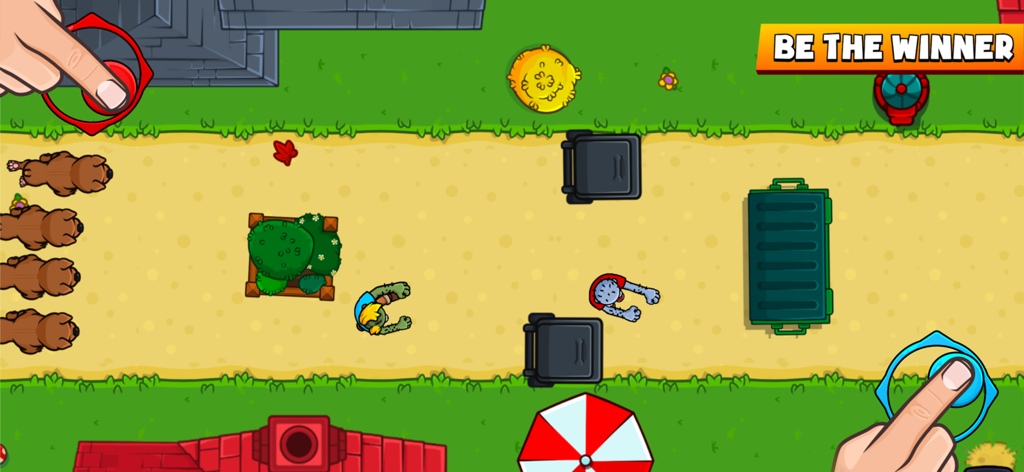 Zombie Party - 1 2 3 4 player - Top down view of a multiplayer zombie mini game featuring characters and obstacles on a single device