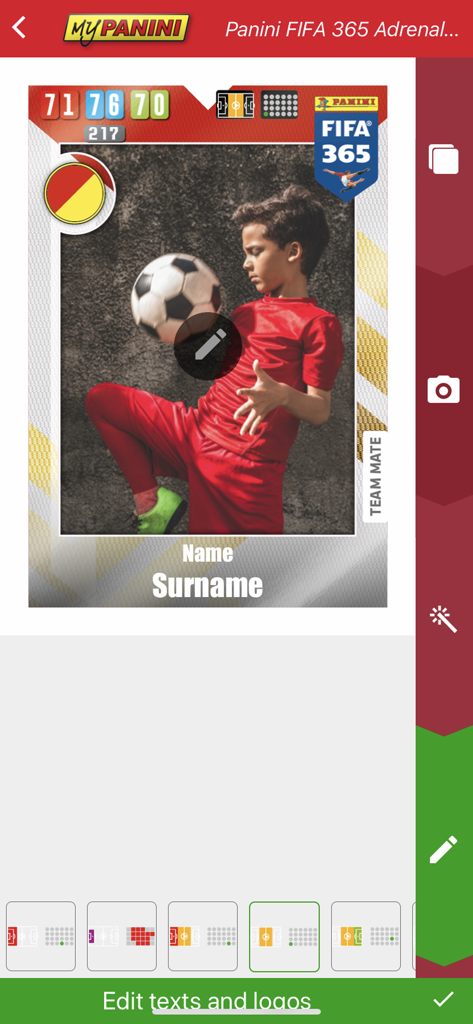 Oberfläche der MyPanini-App, die einen Benutzer zeigt, der eine FIFA 365-Sammelkarte mit einem Foto eines jungen Fußballspielers anpasst