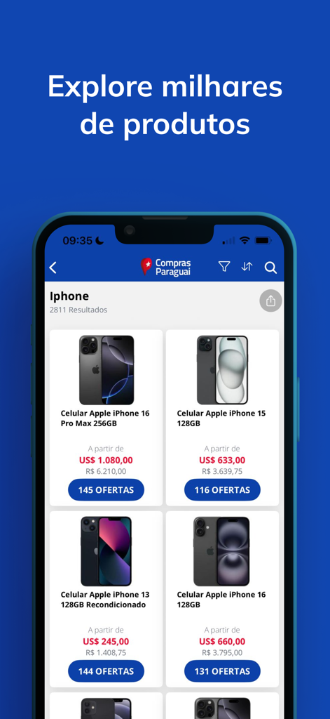 Compras Paraguai - Un smartphone mostrando la aplicación Compras Paraguai con resultados de búsqueda de iPhones que muestran precios en dólares y reales
