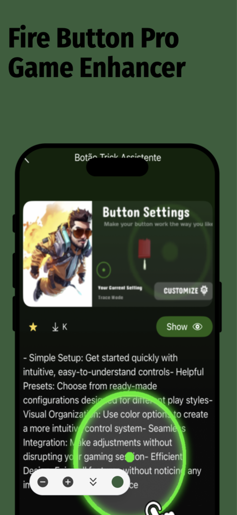 Captura de pantalla de la aplicación Fire Button Pro mostrando ajustes de botones personalizados y características de mejora de juegos.