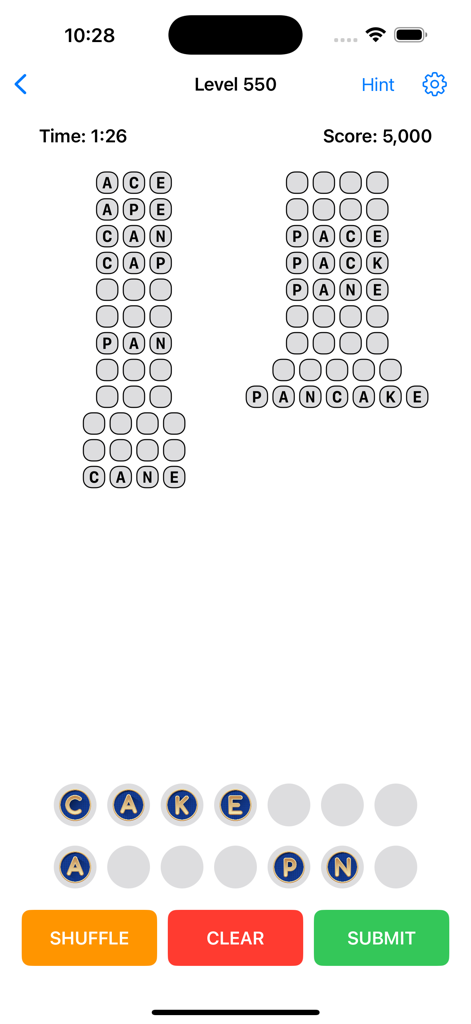Twisted Text Word Game - Gameplay screenshot of Twisted Text Word Game showing a completed level with the word PANCAKE and scrambled letter tiles
