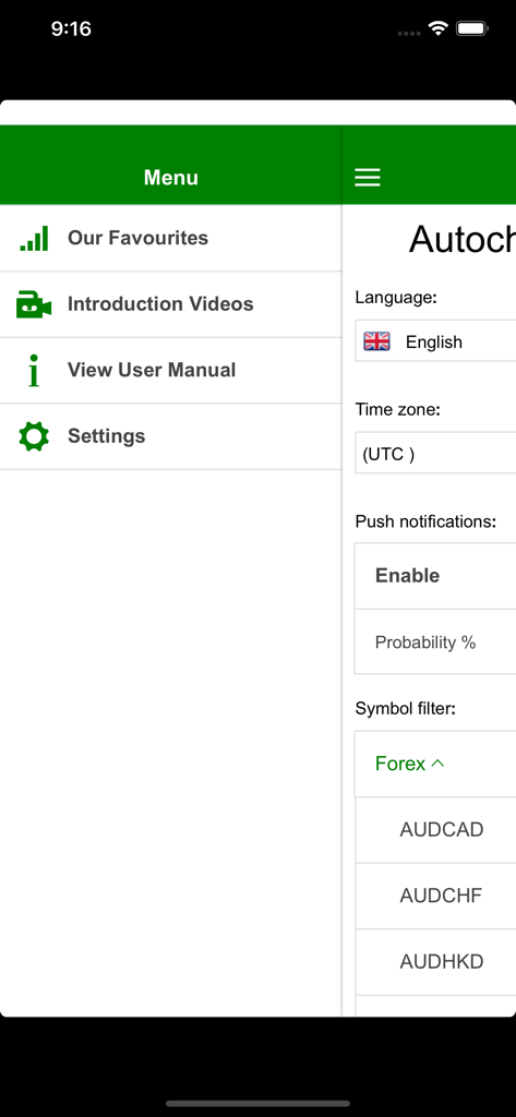 Autochartist - Autochartist mobile app side menu showing settings for push notifications and forex symbol filters