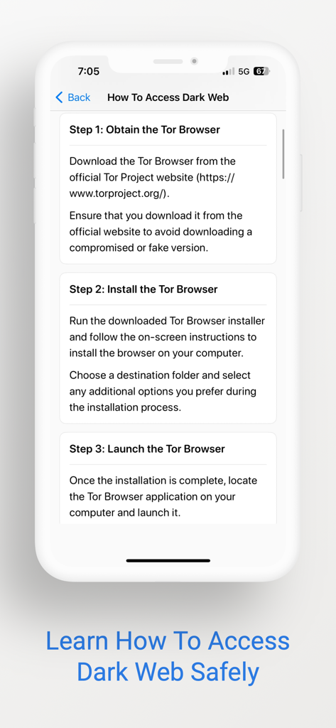안전하게 다크 웹에 액세스하기 위해 Tor 브라우저를 설치하고 실행하는 단계별 지침을 보여주는 모바일 앱 화면.