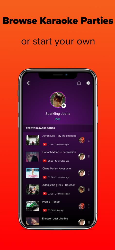 Singly Karaoke App-Oberfläche, die ein Benutzerprofil und eine Liste kürzlich gesungener Songs anzeigt