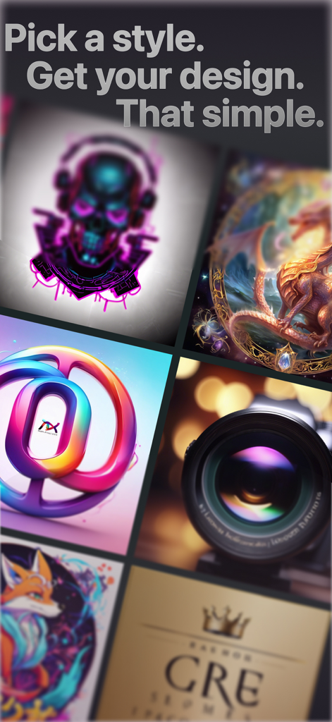 Kittl AI Studio — Logo Design - Une collection de styles de logos et d'étiquettes générés par IA, incluant un dragon crâne de jeu et des icônes de marque.