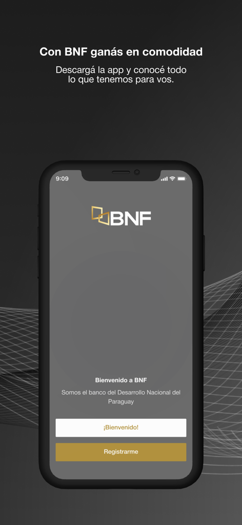 BNF Paraguay - BNFパラグアイモバイルバンキングアプリのウェルカムスクリーン。ログインと登録ボタンが表示されています。