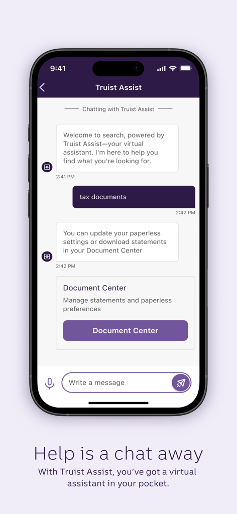 A screenshot of the Truist Mobile app showing the Truist Assist virtual assistant chat interface.