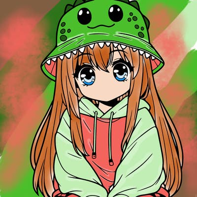 girl with anime shaped eyes with a dinosaur bucket hat oversized sweatshirt long straight hair