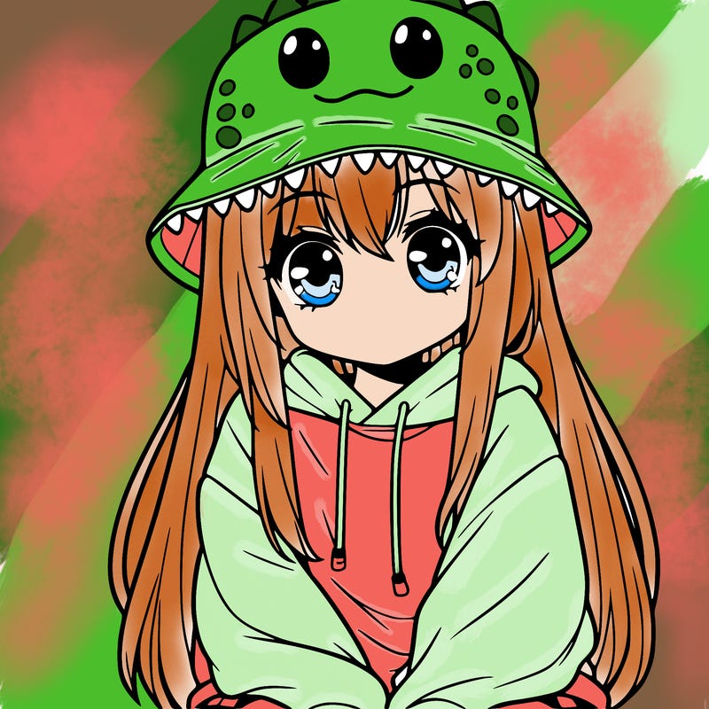 girl with anime shaped eyes with a dinosaur bucket hat oversized sweatshirt long straight hair