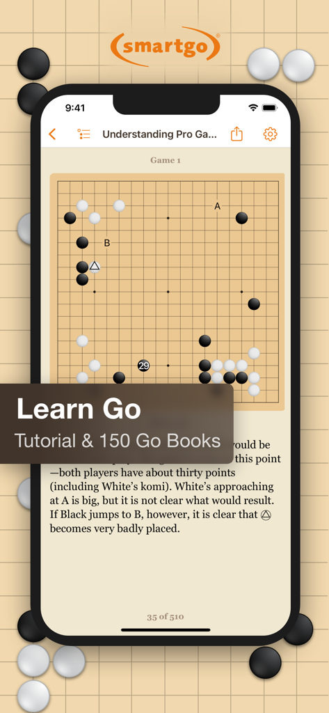 SmartGo One - SmartGo One mobile app tutorial screen showing a Go board and strategy book text.