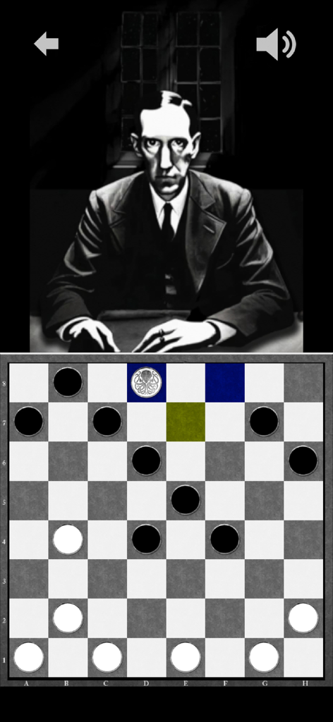 Lovecraft Chess and Checkers - Black and white gameplay screen of Lovecraft Checkers featuring H.P. Lovecraft as the AI opponent
