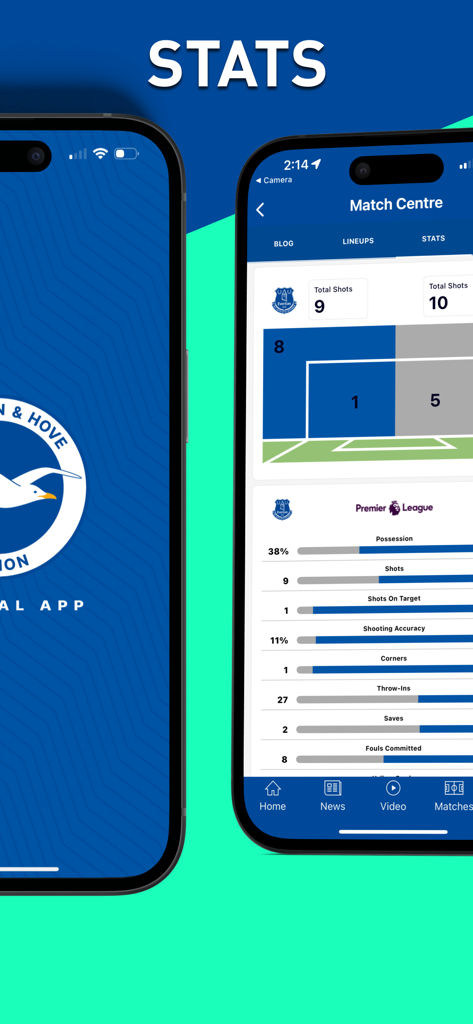 Die BHAFC App Match Centre-Oberfläche zeigt detaillierte Echtzeit-Spielstatistiken und Ballbesitzprozente.