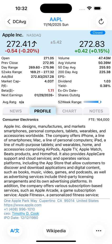 DCAvg - Screenshot of the DCAvg app showing a detailed company profile for Apple Inc with stock price and market statistics