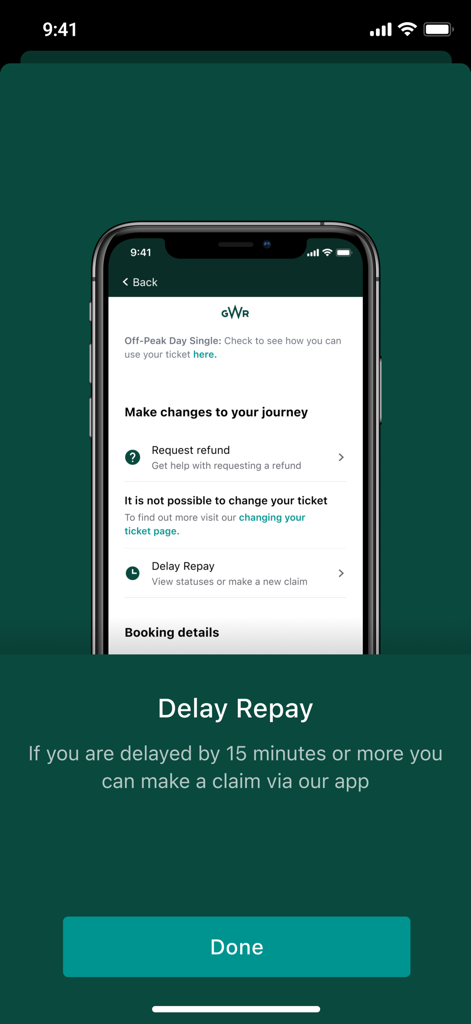 Great Western Railway app interface showing delay repay and refund options for train journeys