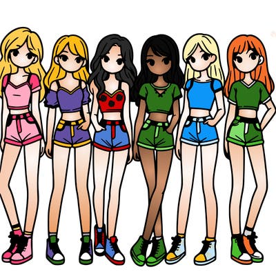 a group of girls wearing crop tops and shorts